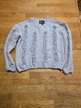 Love Marks Distressed Ladder Rip Open Cold Shoulder Knit Sweater